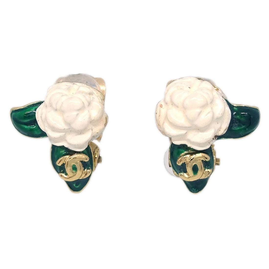 CHANEL GOLD WHITE CAMELLIA EARRINGS CLIP-ON: Chanel Gold White Camellia Earrings Clip-On Brand: CHANEL Type: Earrings Material: Gold plated Color: Gold Size: W 1.5 x H 1.5 cm Accessories: None Accessories Notice: When purchasing pre-