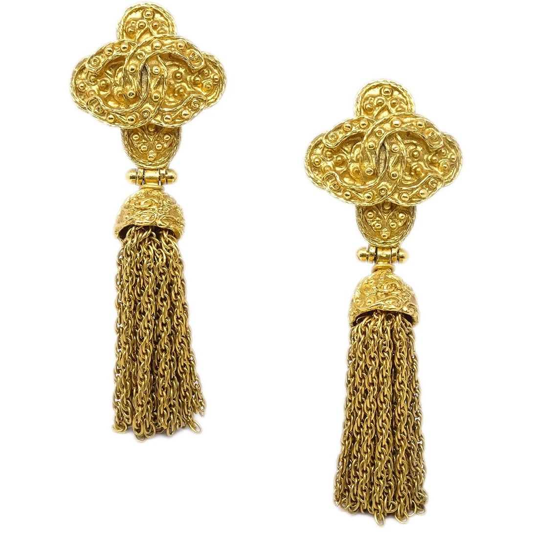 CHANEL FRINGE CHARM DANGLE EARRINGS CLIP-ON: Chanel Fringe Charm Dangle Earrings Clip-On Brand: Chanel Type: Earrings Material: Gold-plated Color: Gold Size: W 3.0 x H 7.8 cm Accessories: None Accessories Notice: When purchasing