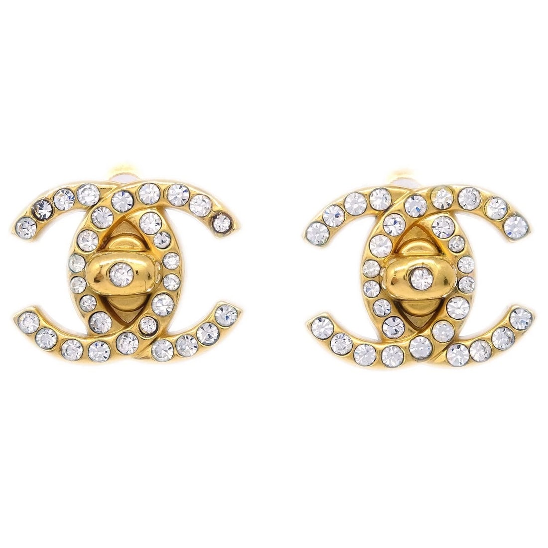 CHANEL CC TURNLOCK RHINESTONE EARRINGS CLIP-ON: Chanel CC Turnlock Rhinestone Earrings Clip-On Brand: CHANEL Type: Earrings Material: Gold plated Rhinestone Color: Gold Size: W 2.2 x H 1.7 cm Accessories: None Accessories Notice: When