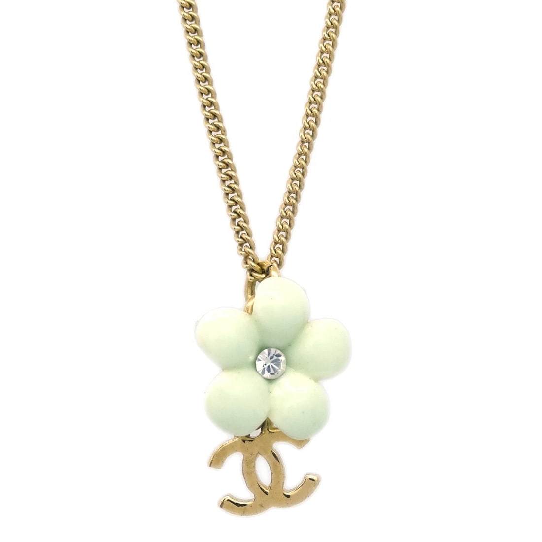 CHANEL FLOWER PENDANT NECKLACE RHINESTONE GOLD: Chanel Flower Pendant Necklace Rhinestone Gold Brand: CHANEL Type: Necklace Material: Gold-plated Acrylic Rhinestone Color: Gold, White Size: Chain(Overall) : 42.0 cm Top : W 1.5 x H 2.0 cm 