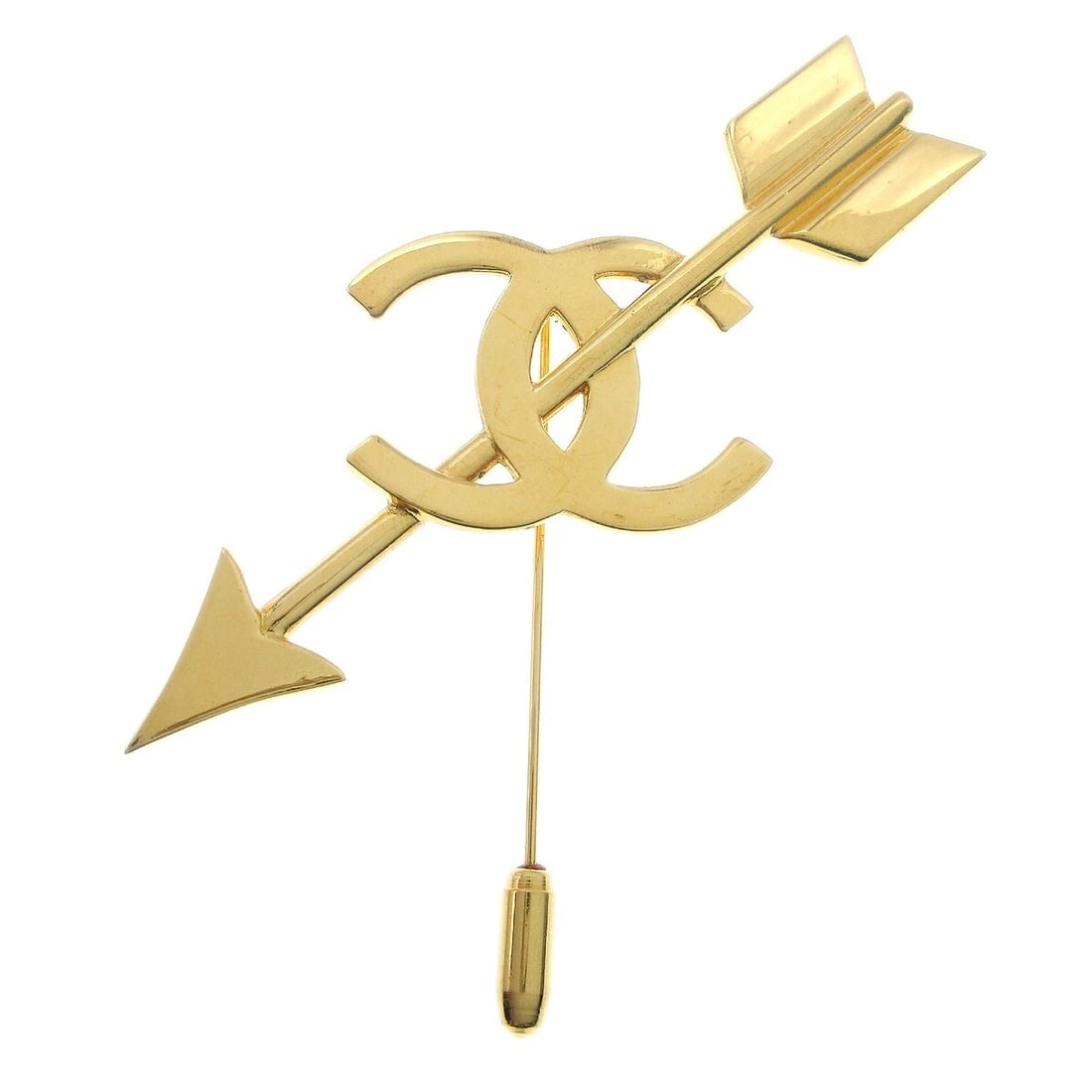 CHANEL CC AND ARROW BROOCH PIN GOLD: Chanel CC And Arrow Brooch Pin Gold Brand: Chanel Type: Brooch Material: Gold-plated Color: Gold Size: W 8.0 x H 8.5 cm Accessories: None Accessories Notice: When purchasing pre-owned good