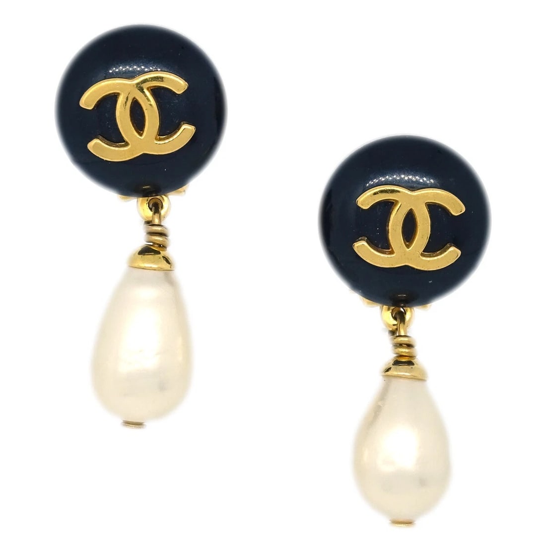 CHANEL ARTIFICIAL PEARL DANGLE EARRINGS CLIP-ON: Chanel Artificial Pearl Dangle Earrings Clip-On Brand: CHANEL Type: Earrings Material: Gold-plated Acrylic Artificial Pearl Main Stone/Creation Artificial Pearl Color: Gold, Black, White Size: W 1