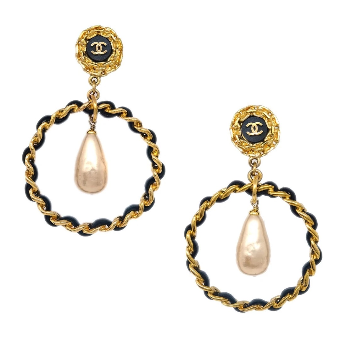 CHANEL DANGLE HOOP EARRINGS GOLD ARTIFICIAL PEARL CLIP-ON (1 of 4)