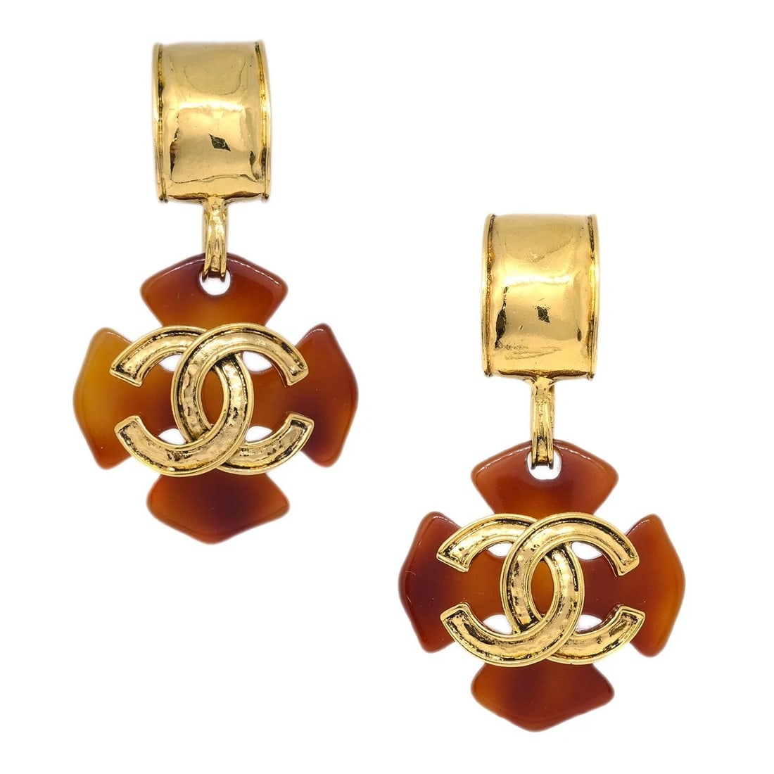 CHANEL CLOVER DANGLE EARRINGS GOLD: Chanel Clover Dangle Earrings Gold Brand: CHANEL Type: Earrings Material: Gold-plated Acrylic Color: Brown, Gold Size: W 4.0 x H 7.2 cm Accessories: None Accessories Notice: When purchasin
