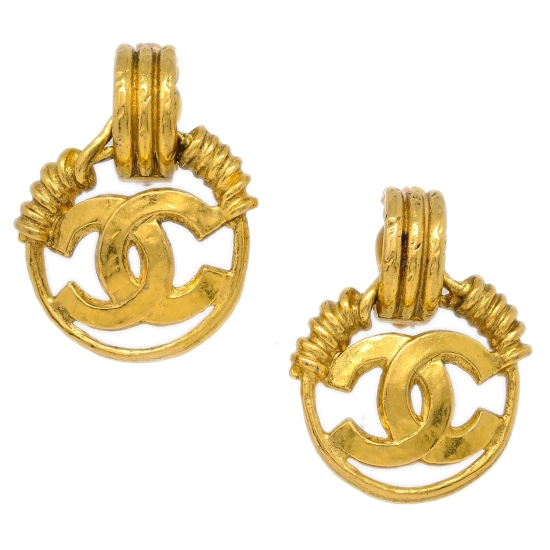 CHANEL HOOP DANGLE EARRINGS GOLD CLIP-ON (1 of 4)