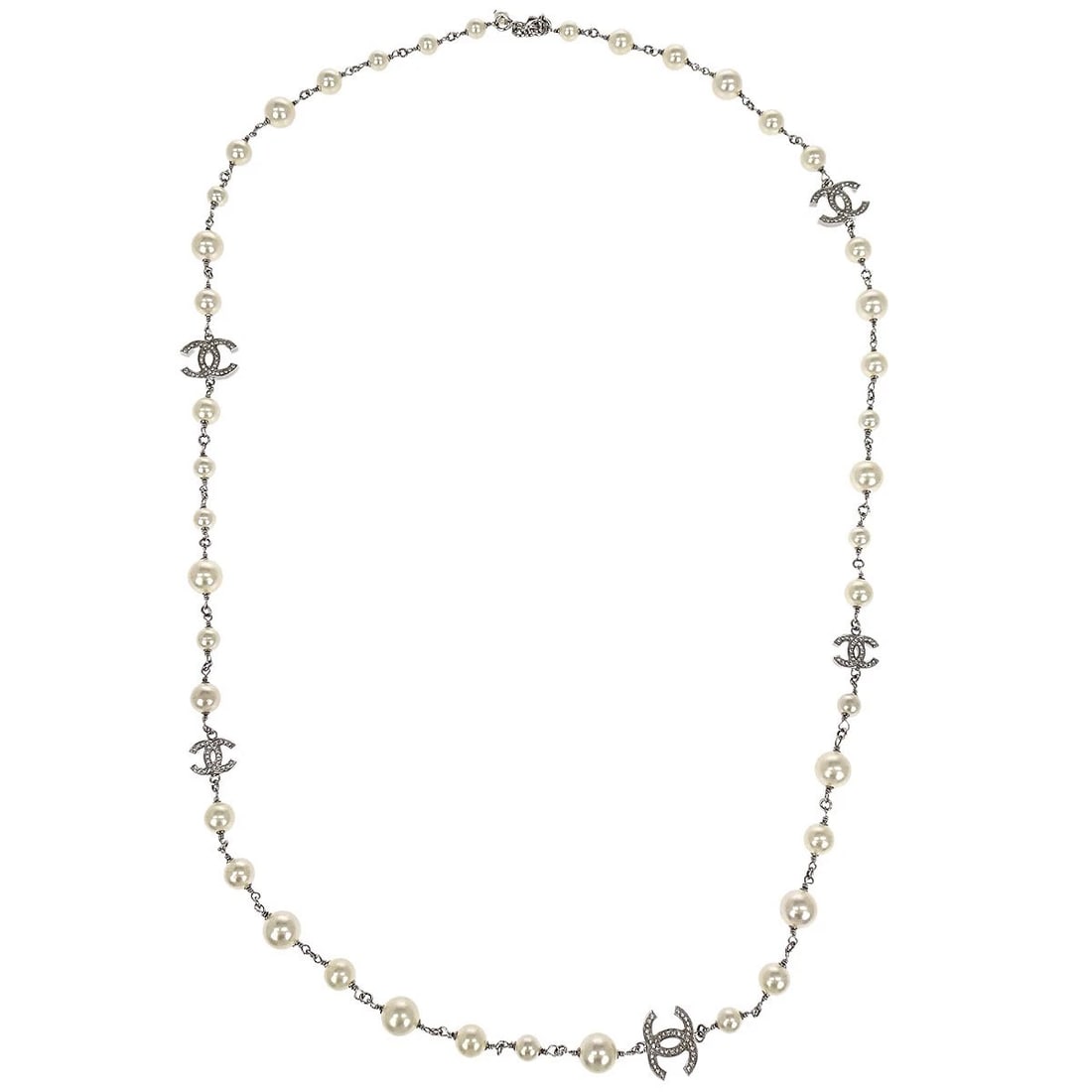 CHANEL CC CHAIN PENDANT NECKLACE SILVER ARTIFICIAL PEARL (1 of 3)