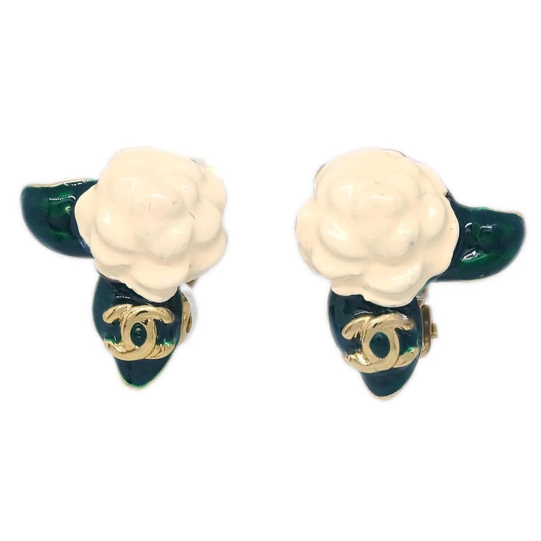 CHANEL GOLD WHITE CAMELLIA EARRINGS CLIP-ON: Chanel Gold White Camellia Earrings Clip-On Brand: CHANEL Type: Earrings Material: Acrylic Gold plated Color: Gold, White Size: W 1.5 x H 1.5 cm Accessories: None Accessories Notice: When