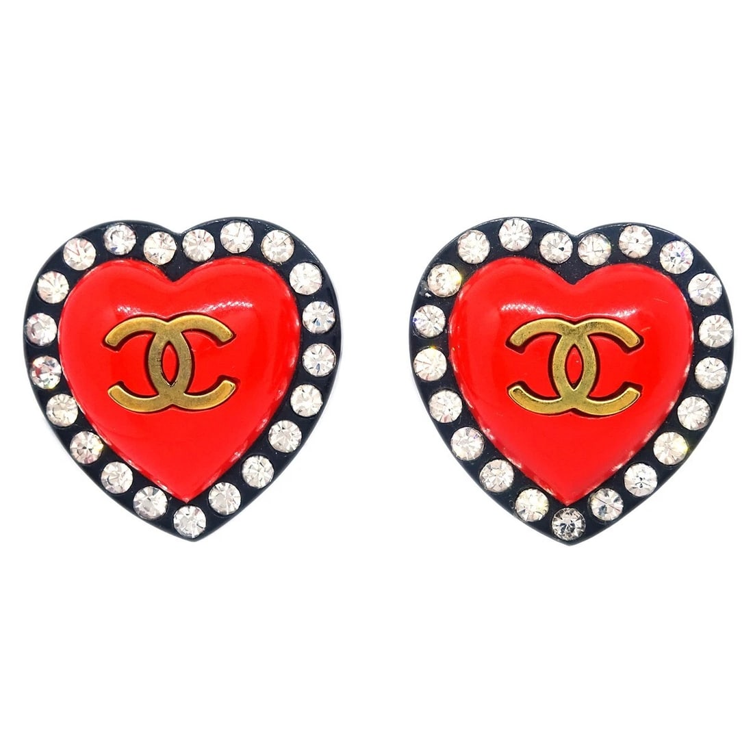 CHANEL HEART RHINESTONE EARRINGS: Chanel Heart Rhinestone Earrings Brand: CHANEL Type: Earrings Material: Acrylic Gold plated Color: Red, Black Size: W 3.1 x H 3.1 cm Accessories: None Accessories Notice: When purchasing p