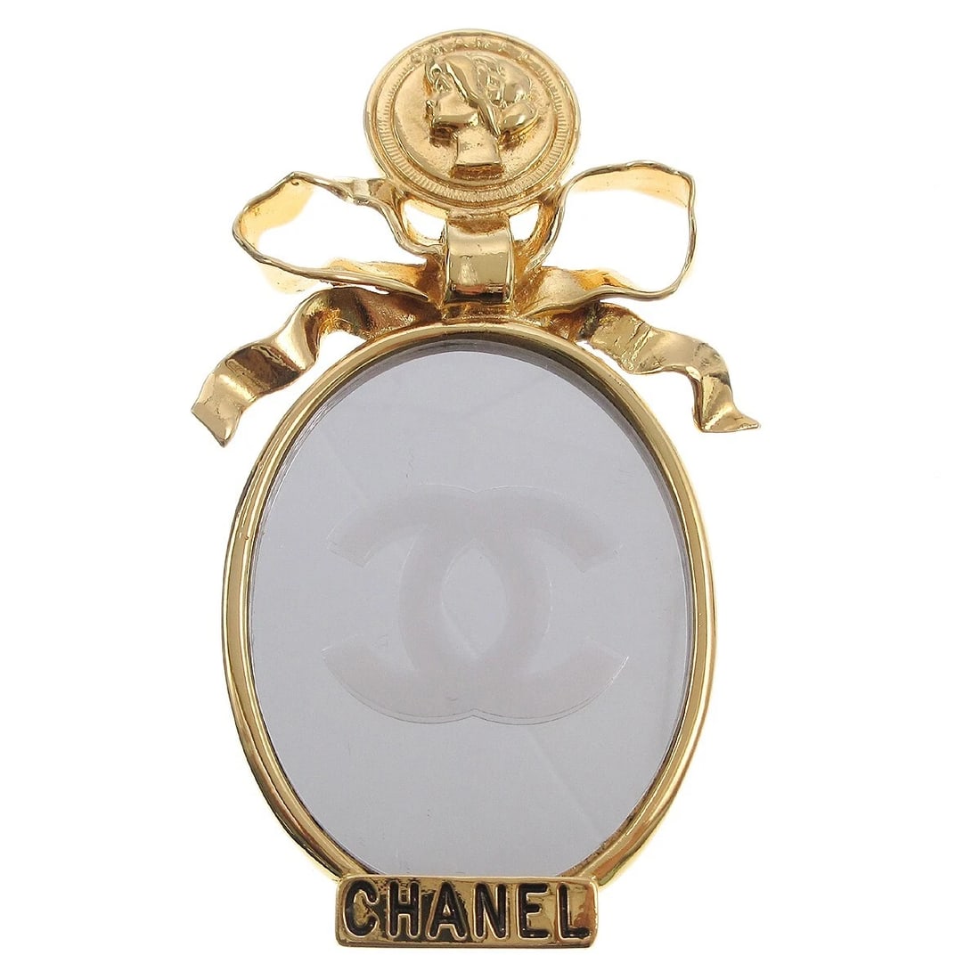 CHANEL BOW MIRROR BROOCH PIN GOLD: Chanel Bow Mirror Brooch Pin Gold Brand: CHANEL Type: Brooch Material: Gold-plated Color: Gold Size: W 5.0 x H 9.0 cm Accessories: None Accessories Notice: When purchasing pre-owned goods,
