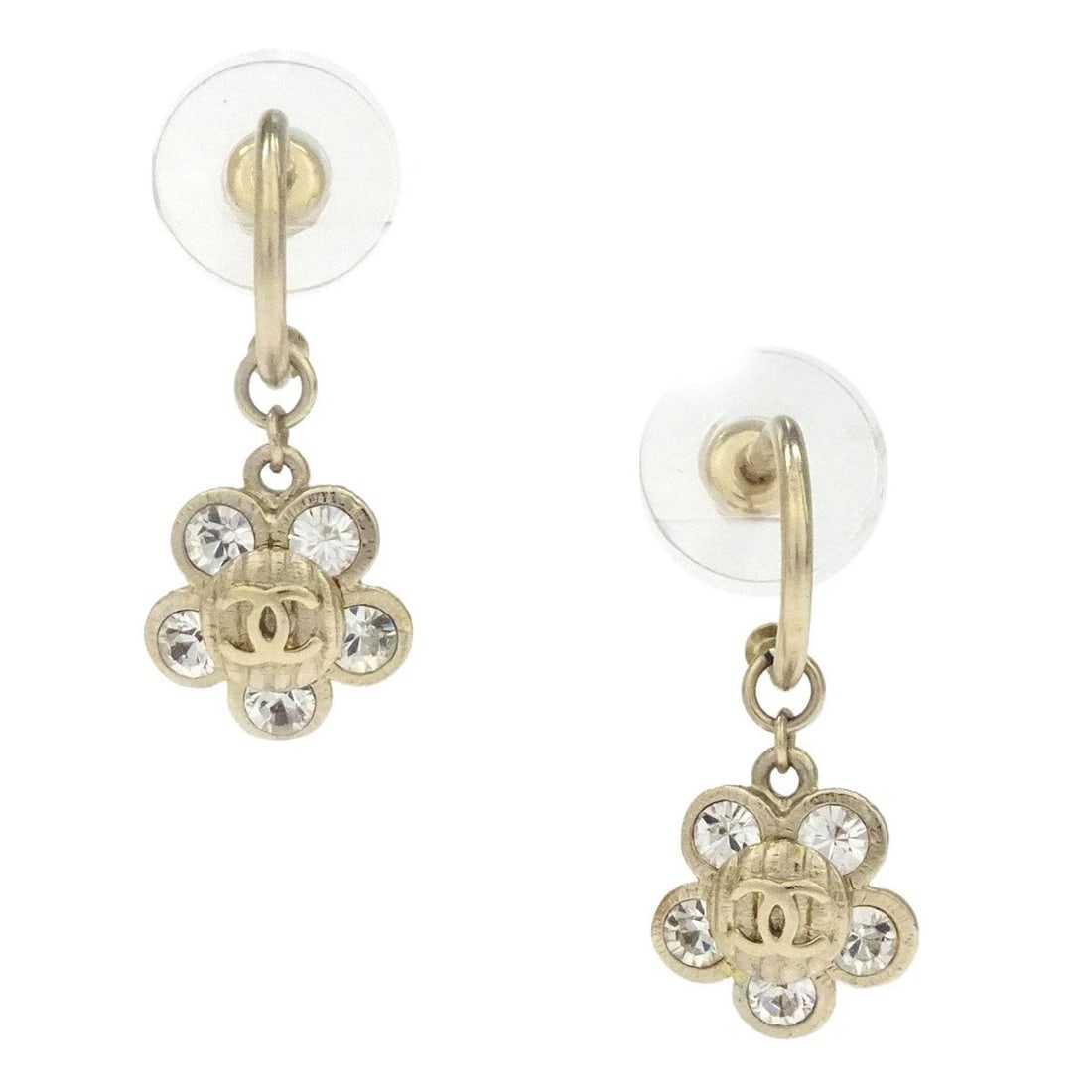 CHANEL DANGLE FLOWER PIERCED EARRINGS GOLD RHINESTONE (1 of 3)