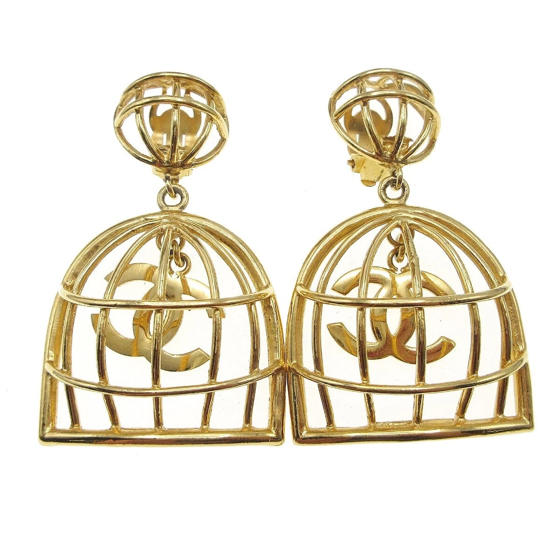 CHANEL BIRDCAGE DANGLE EARRINGS CLIP-ON GOLD (1 of 5)