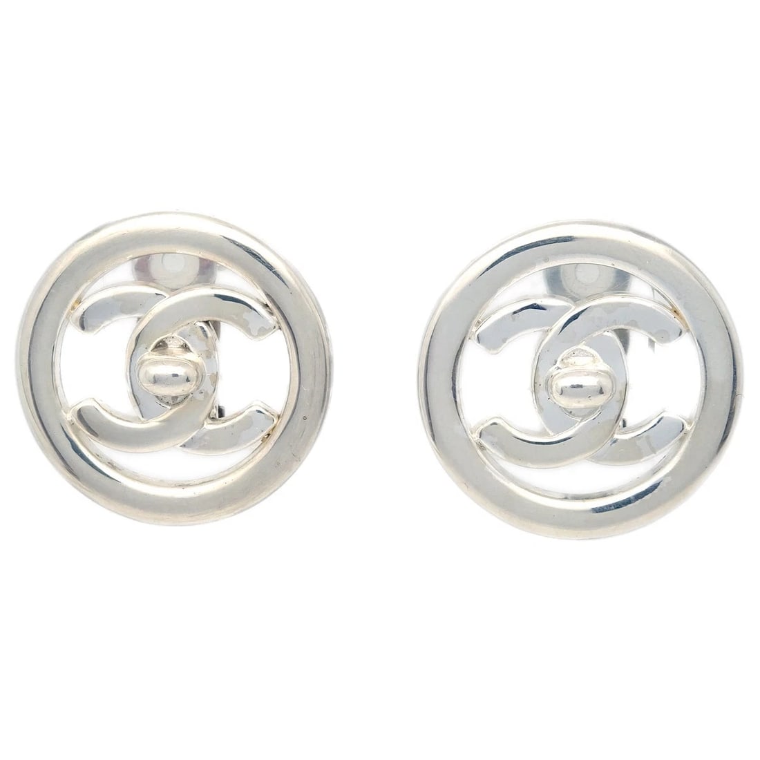 CHANEL CC TURNLOCK ROUND EARRINGS CLIP-ON SILVER (1 of 3)