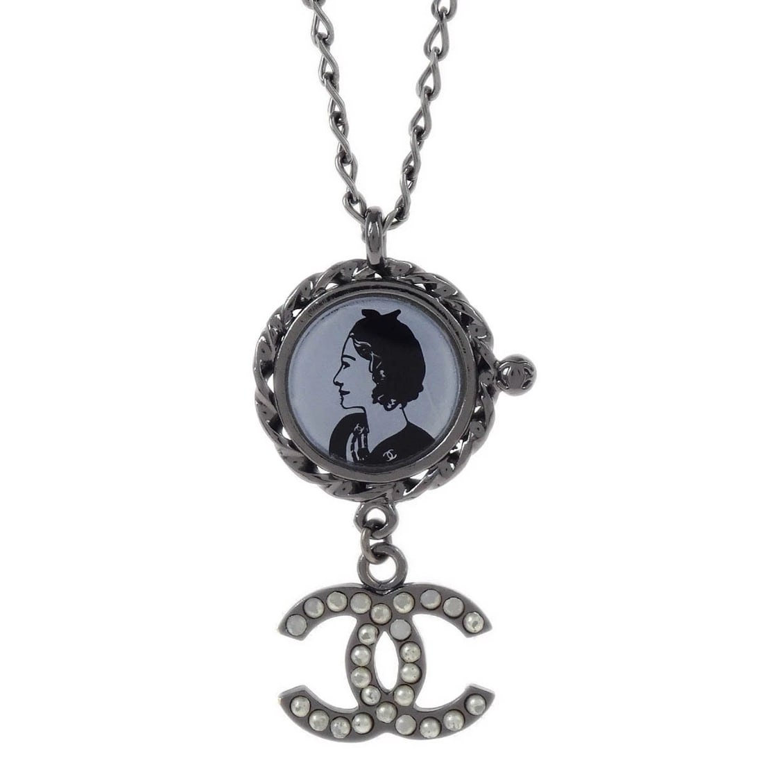 CHANEL MADEMOISELLE CC CHAIN PENDANT NECKLACE: Chanel Mademoiselle CC Chain Pendant Necklace Brand: CHANEL Type: Necklace Material: Silver Plated Acrylic Artificial Pearl Color: Silver Size: Chain(Overall) : 42 cm Charm: W 2.8 x H 4.7 cm 