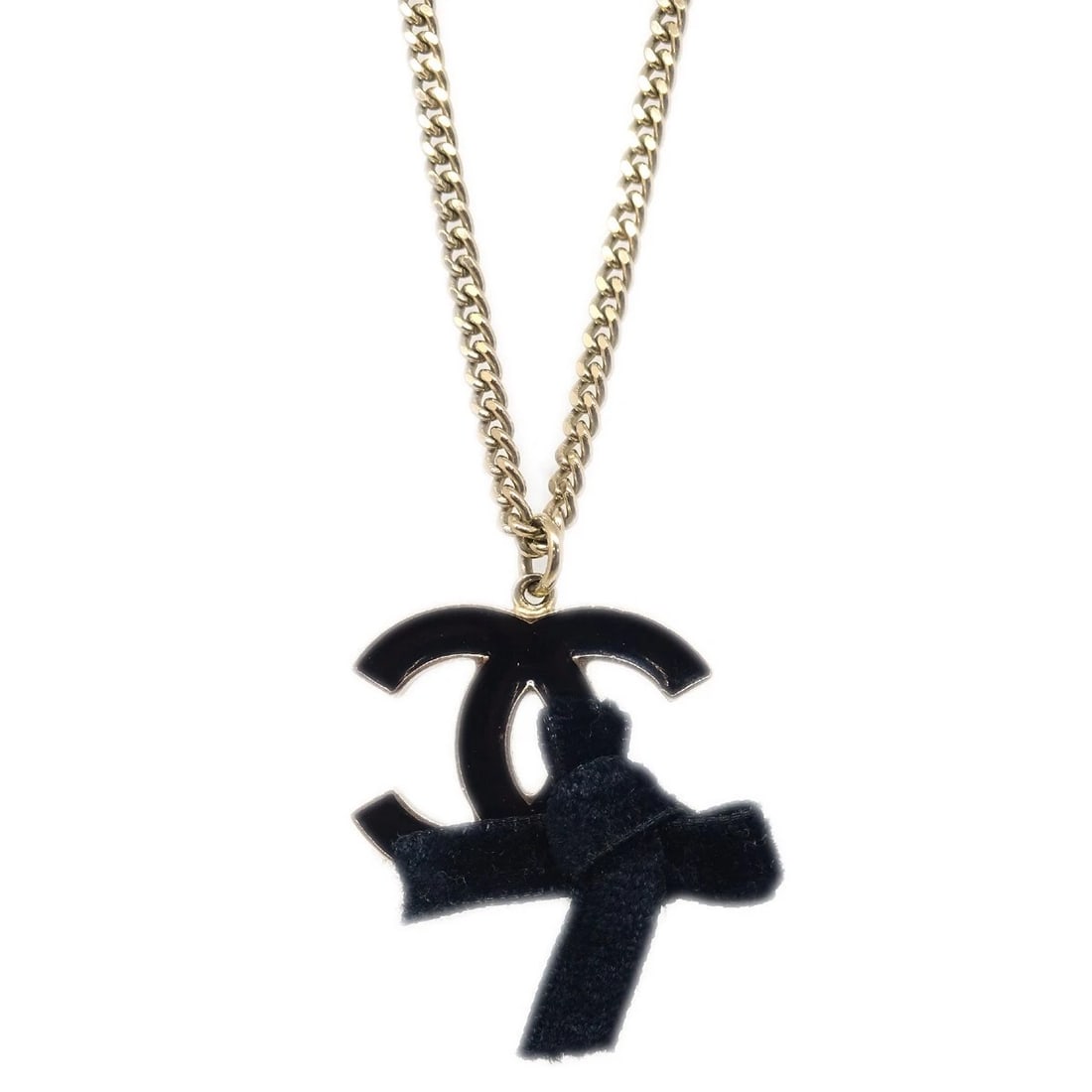 CHANEL BOW CC CHAIN NECKLACE PENDANT GOLD BLACK: Chanel Bow CC Chain Necklace Pendant Gold Black Brand: CHANEL Type: Pendant Material: Gold Plated Velours Color: Gold Size: Chain(Overall) : 41.0 cm Top : W 3.0 x H 3.5 cm Accessories: None
