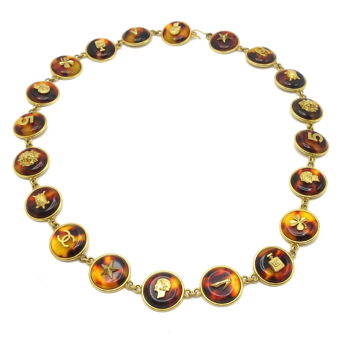 CHANEL ICON PENDANT NECKLACE 97P: Chanel Icon Pendant Necklace 97P Brand: Chanel Type: Necklace Material: Gold-plated Acrylic Color: Gold, Brown Size: Chain(Overall) : 72.0 cm Accessories: None Accessories Notice: When