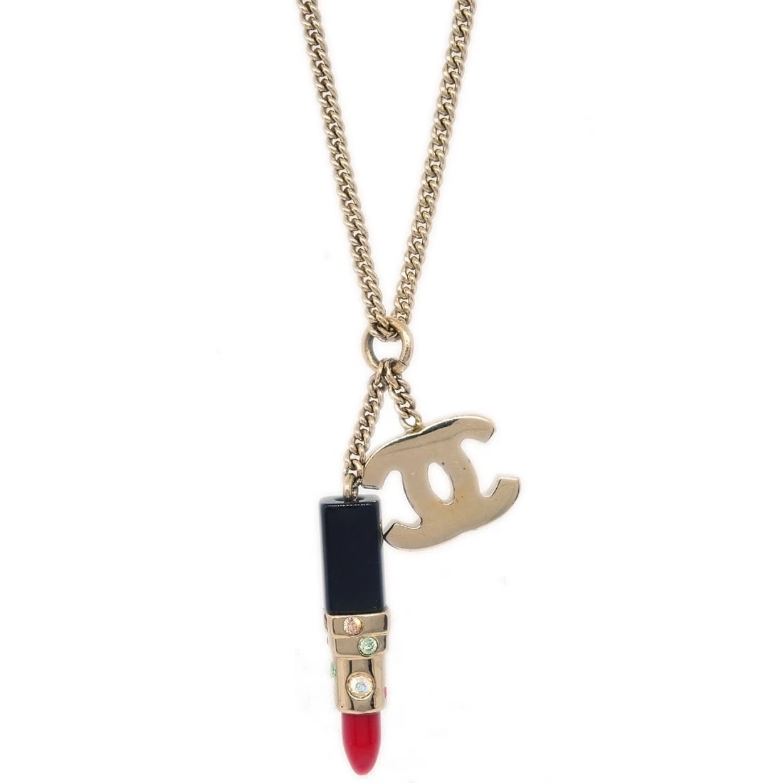 CHANEL LIPSTICK GOLD CC PENDANT NECKLACE: Chanel Lipstick Gold CC Pendant Necklace Brand: CHANEL Type: Necklace Material: Gold plated Rhinestone Color: Gold, Red, Black Size: Chain(Overall) : 40.0 cm Top(Lip) : W 0.5 x H 2.3 cm 