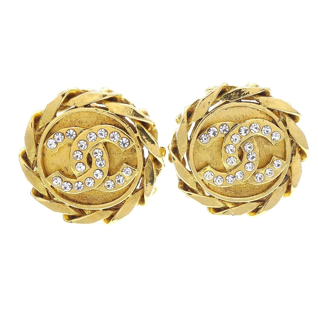 CHANEL RHINESTONE EARRINGS CLIP-ON GOLD: Chanel Rhinestone Earrings Clip-On Gold Brand: CHANEL Type: Earrings Material: Gold-plated Rhinestone Main Stone/Creation Rhinestone Color: Gold Size: Diameter : 3.0 cm Accessories: None