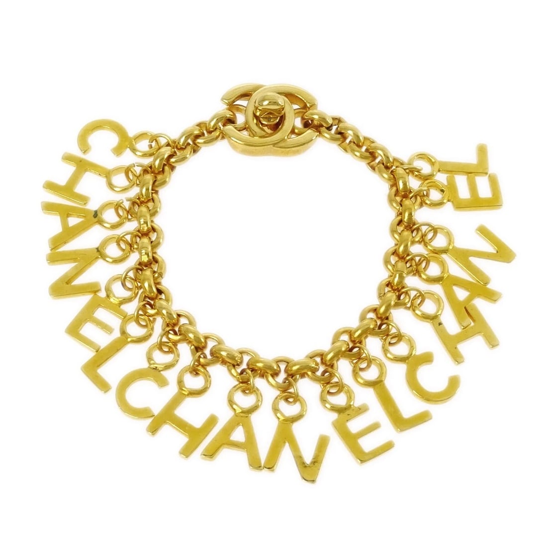 CHANEL TURNLOCK GOLD CHAIN BRACELET: Chanel Turnlock Gold Chain Bracelet Brand: Chanel Type: Bracelet Material: Gold plated Color: Gold Size: Inner circumference : 19.0 cm Charm(CC) : W 2.0 x H 1.5 cm Accessories: None