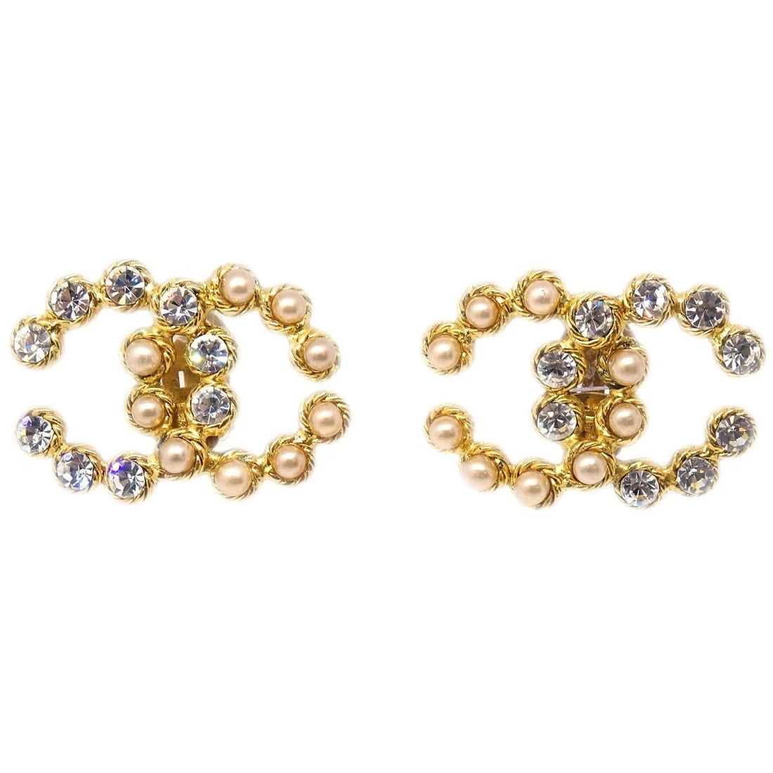 CHANEL GOLD CC EARRINGS CLIP-ON RHINESTONE ARTIFICIAL PEARL: Chanel Gold CC Earrings Clip-On Rhinestone Artificial Pearl Brand: CHANEL Type: Earrings Material: Gold Plated Rhinestone Artificial Pearl Color: Gold Size: W 4.2 x H 3.0 cm Accessories: None
