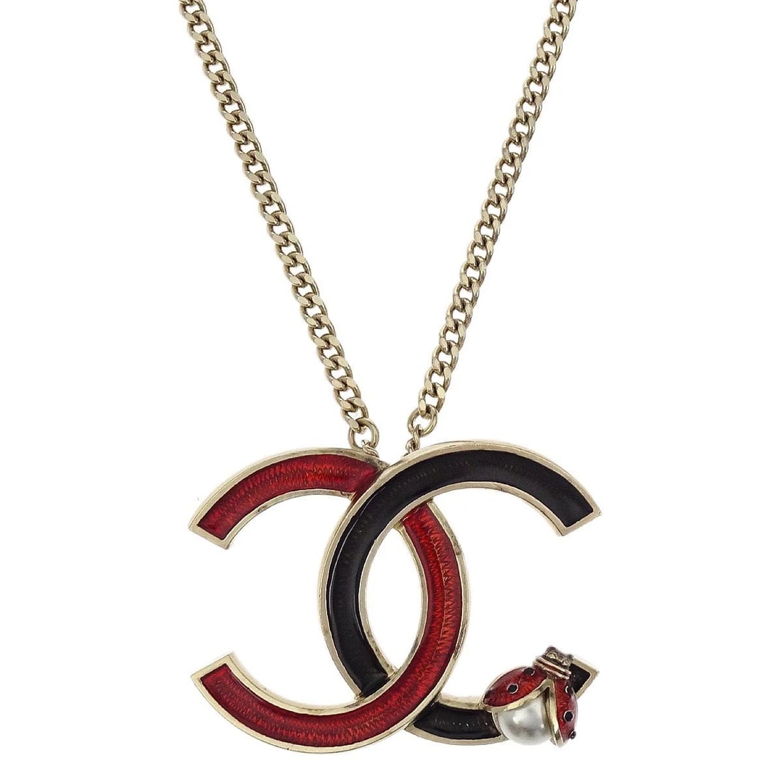 CHANEL LADYBUG CC CHARM GOLD CHAIN NECKLACE: Chanel Ladybug CC Charm Gold Chain Necklace Brand: CHANEL Type: Pendant Material: Gold Plated Artificial Pearl Color: Gold Size: Chain(Overall) : 46.0 cm Charm : W 3.6 x H 3.0 cm Accessories: Non