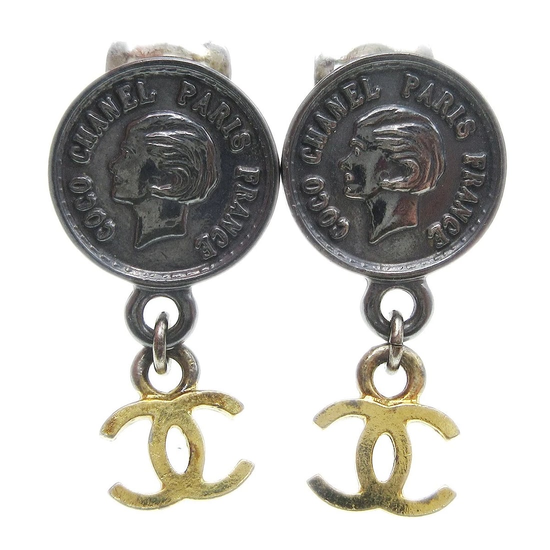 CHANEL MEDALLION DANGLE EARRINGS GOLD SILVER CLIP-ON: Chanel Medallion Dangle Earrings Gold Silver Clip-On Brand: CHANEL Type: Earrings Material: Gold-plated Silver Plated Color: Gold, Silver Size: W 1.5 x H 2.7 cm Accessories: None Accessories