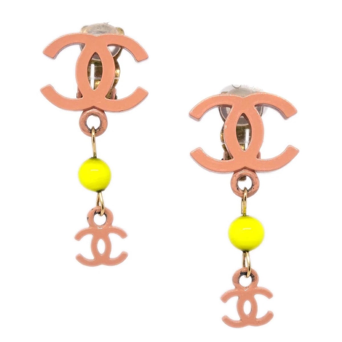 CHANEL CC DANGLE EARRINGS PINK CLIP-ON: Chanel CC Dangle Earrings Pink Clip-On Brand: CHANEL Type: Earrings Material: Acrylic Gold plated Color: Pink, Yellow, Gold Size: W 1.8 x H 3.9 cm Accessories: None Accessories Notice: When