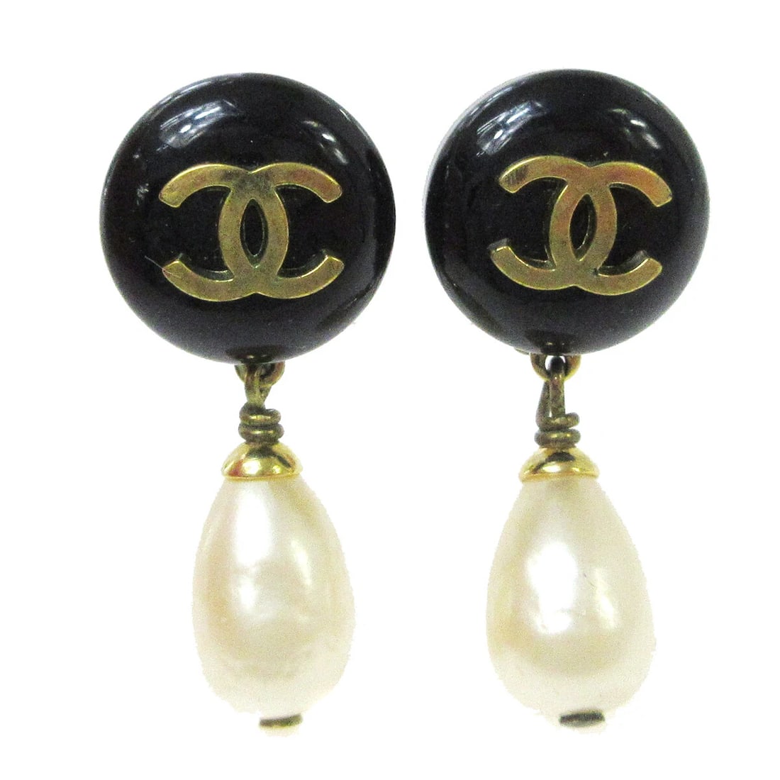 CHANEL ARTIFICIAL PEARL DANGLE EARRINGS: Chanel Artificial Pearl Dangle Earrings Brand: Chanel Type: Earrings Material: Gold-tone Plastic Main Stone/Creation Artificial Pearl Color: Gold, Black, White Size: W 1.5 x H 3.5 cm 