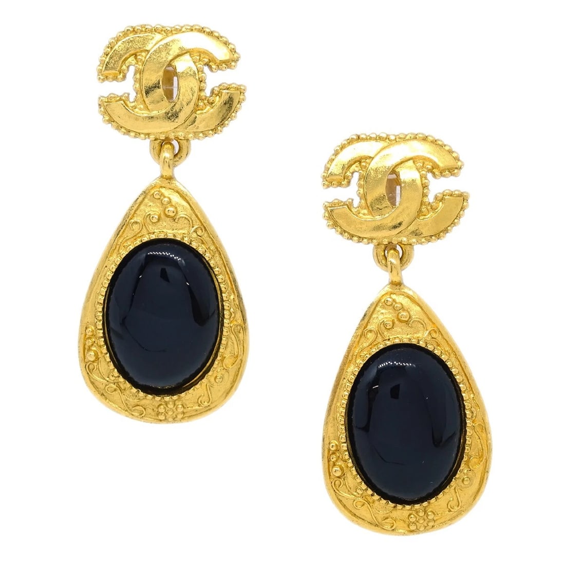 CHANEL STONE DANGLE EARRINGS CLIP-ON GOLD BLACK: Chanel Stone Dangle Earrings Clip-On Gold Black Brand: CHANEL Type: Earrings Material: Gold plated Stone Color: Gold, Black Size: W 2.7 x H 6.3 cm Accessories: None Accessories Notice: When