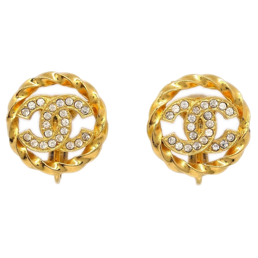 CHANEL GOLD BUTTON EARRINGS CLIP-ON RHINESTONE: Chanel Gold Button Earrings Clip-On Rhinestone Brand: CHANEL Type: Earrings Material: Gold plated Rhinestone Color: Gold Size: Diameter: 1.8 cm Accessories: None Accessories Notice: When p