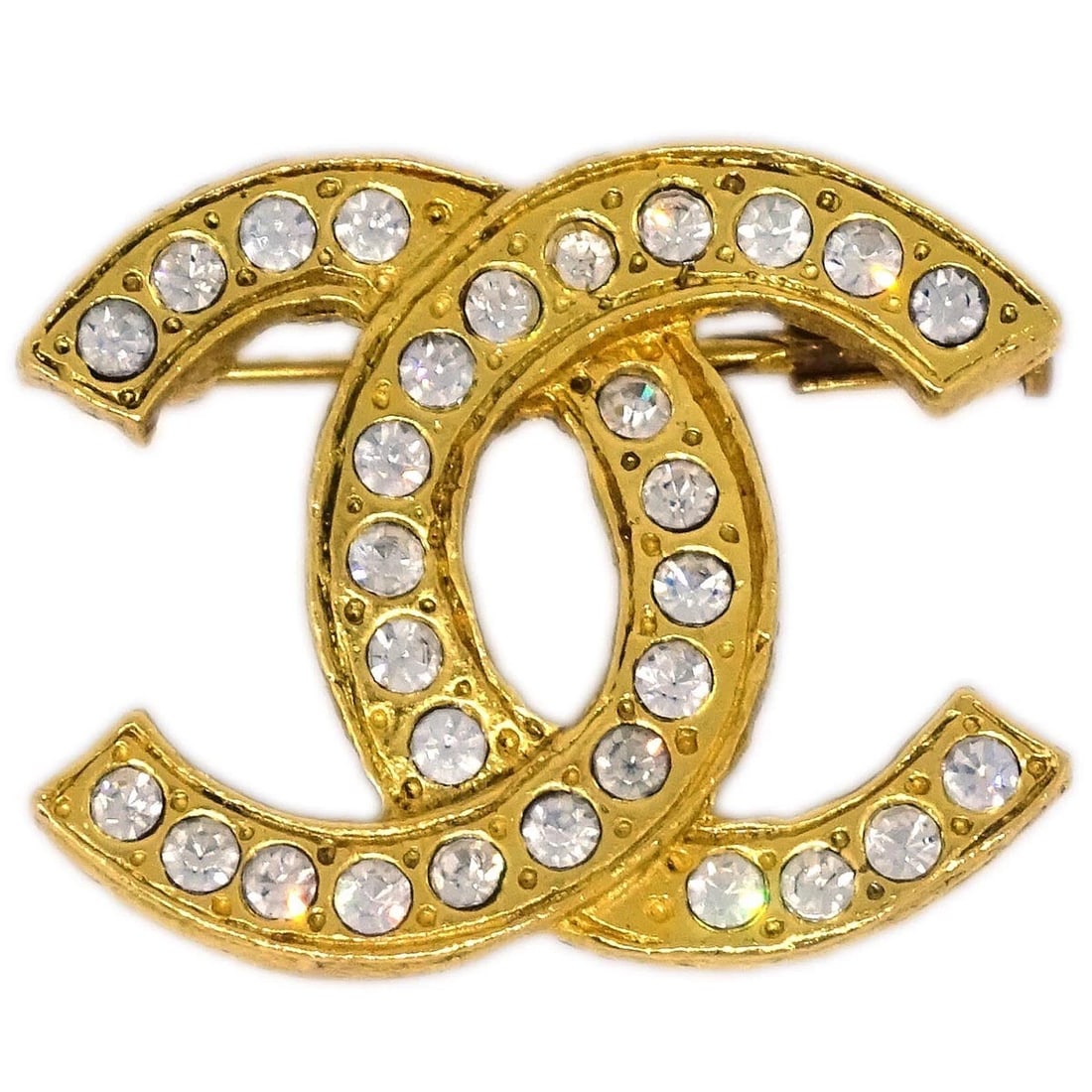 CHANEL CC BROOCH PIN GOLD RHINESTONE: Chanel CC Brooch Pin Gold Rhinestone Brand: CHANEL Type: Brooch Material: Gold Plated Rhinestone Main Stone/Creation Rhinestone Color: Gold Size: W 3.0 x H 2.4 cm Accessories: None