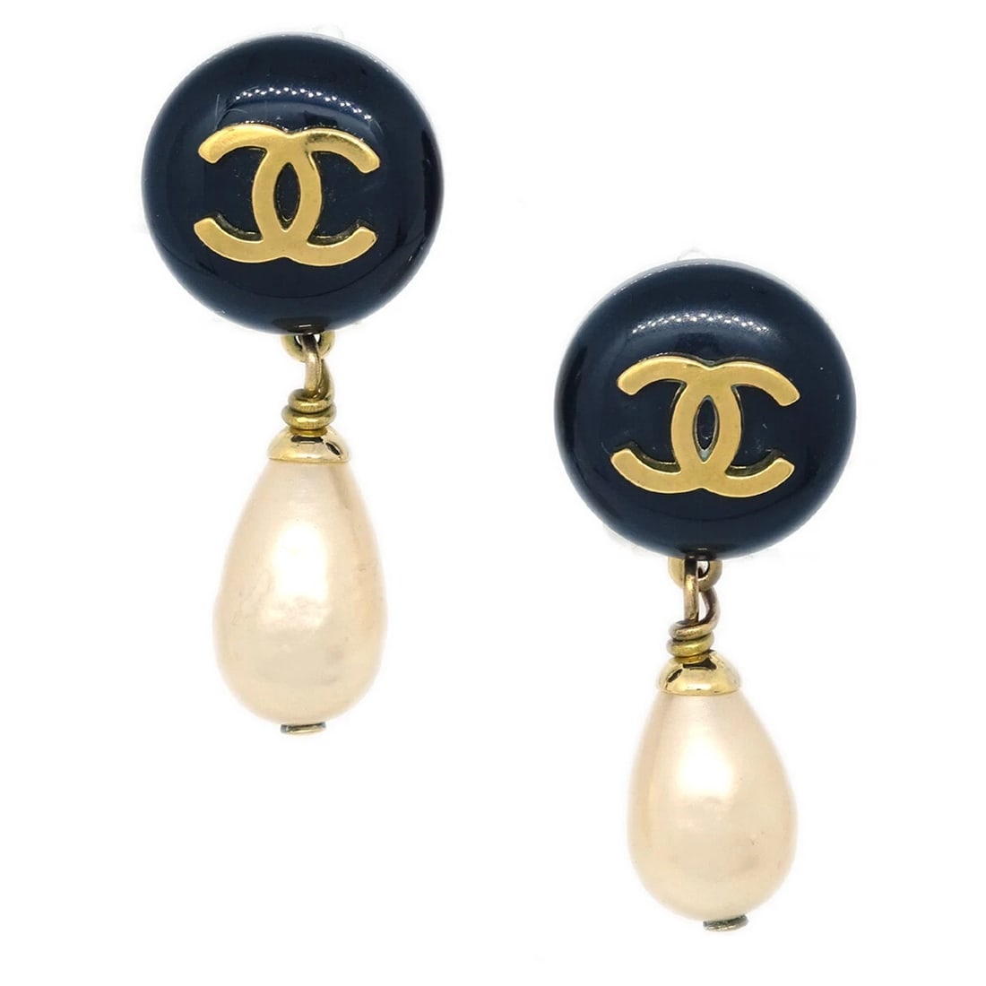 CHANEL ARTIFICIAL PEARL DANGLE EARRINGS CLIP-ON: Chanel Artificial Pearl Dangle Earrings Clip-On Brand: CHANEL Type: Earrings Material: Gold-plated Acrylic Artificial Pearl Main Stone/Creation Artificial Pearl Color: Gold, Black, White Size: W 1