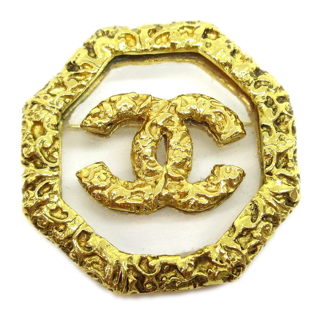 CHANEL OCTAGONAL BROOCH PIN GOLD CLEAR: Chanel Octagonal Brooch Pin Gold Clear Brand: Chanel Type: Brooch Material: Gold-tone Color: Gold Size: W 4.0 x H 4.0 cm Accessories: None Accessories Notice: When purchasing pre-owned goods,
