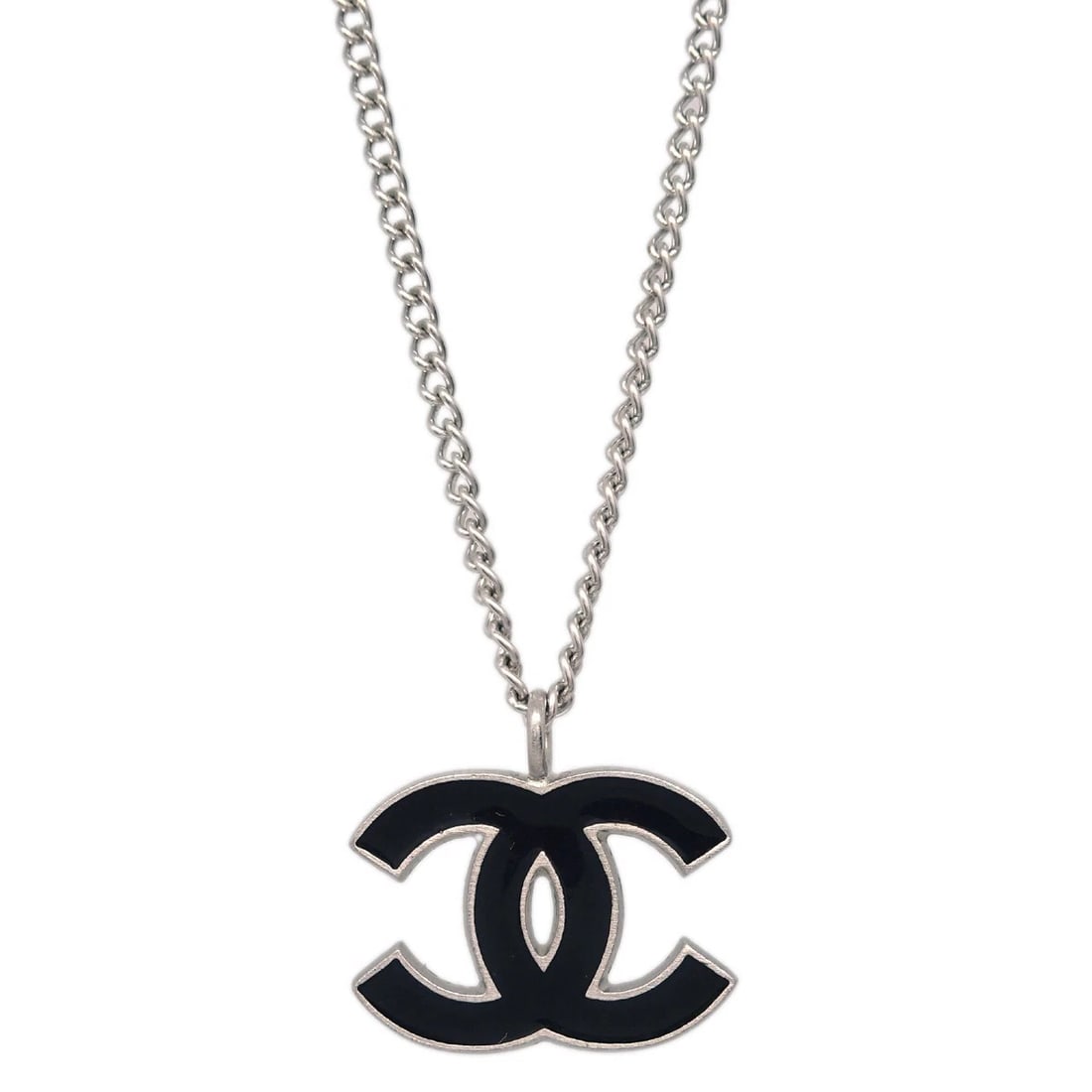 CHANEL CHAIN NECKLACE SILVER BLACK: Chanel Chain Necklace Silver Black Brand: CHANEL Type: Pendant Material: Silver Plated Acrylic Color: Silver, Black Size: Chain(Overall) : 42.0 cm Charm : W 2.0 x H 1.5 cm Accessories: None