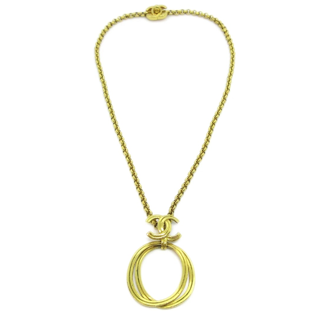 CHANEL HOOP GOLD CHAIN PENDANT NECKLACE: Chanel Hoop Gold Chain Pendant Necklace Brand: Chanel Type: Necklace Material: Gold-tone Color: Gold Size: Chain(Overall) : 58.0 cm Top : W 4.5 x H 6.5 cm Accessories: None Accessories