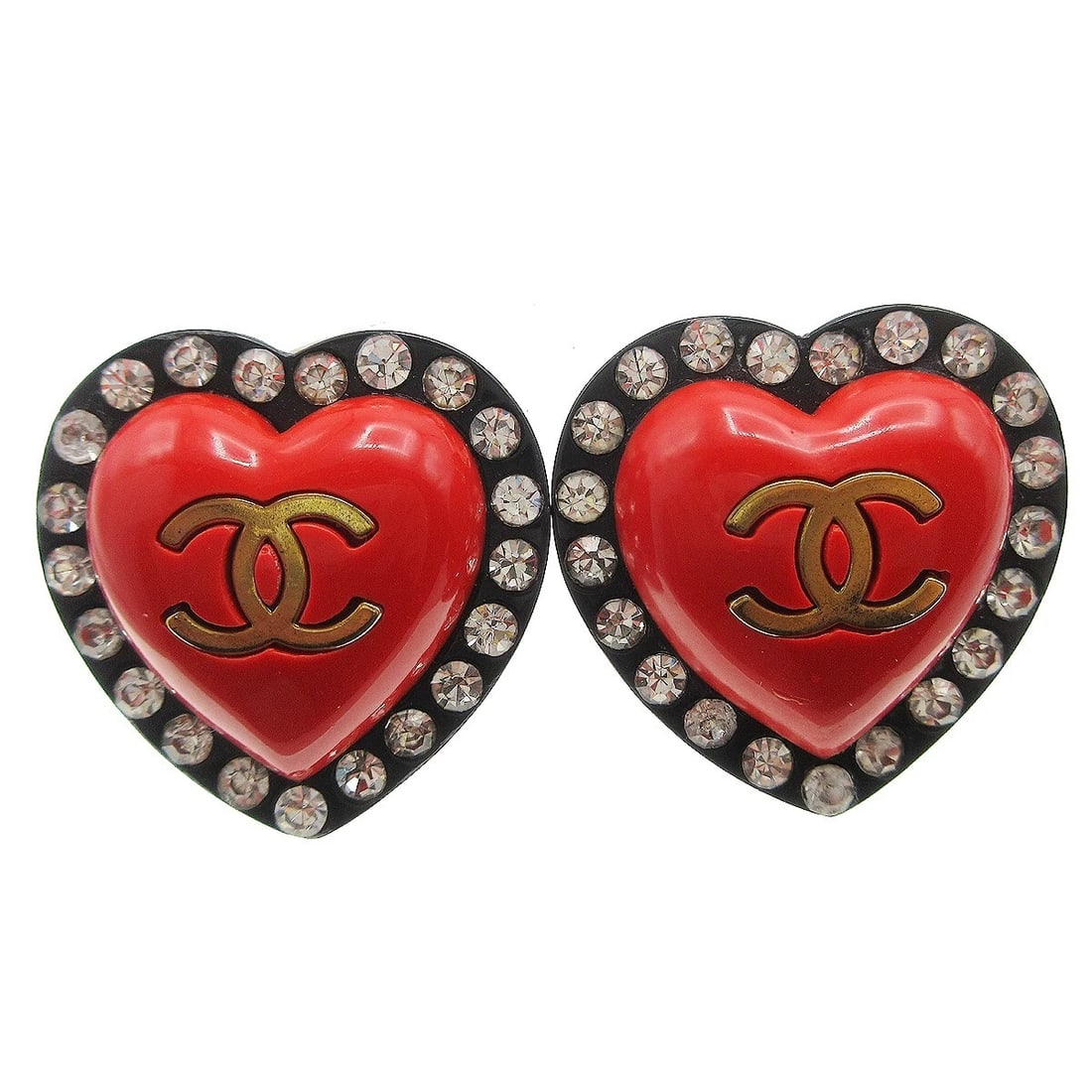CHANEL HEART RHINESTONE EARRINGS CLIP-ON RED: Chanel Heart Rhinestone Earrings Clip-On Red Brand: CHANEL Type: Earrings Material: Plastic Gold-plated Color: Red, Black, Gold Size: W 3.1 x H 3.1 cm Accessories: None Accessories Notice: