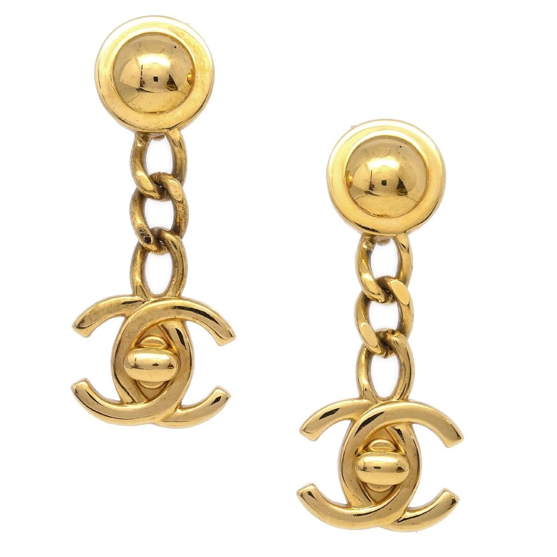CHANEL DANGLE TURNLOCK EARRINGS CLIP-ON GOLD: Chanel Dangle Turnlock Earrings Clip-On Gold Brand: Chanel Type: Earrings Material: Gold-plated Color: Gold Size: W 2.1 x H 5.3 cm Accessories: None Accessories Notice: When purchasing pre