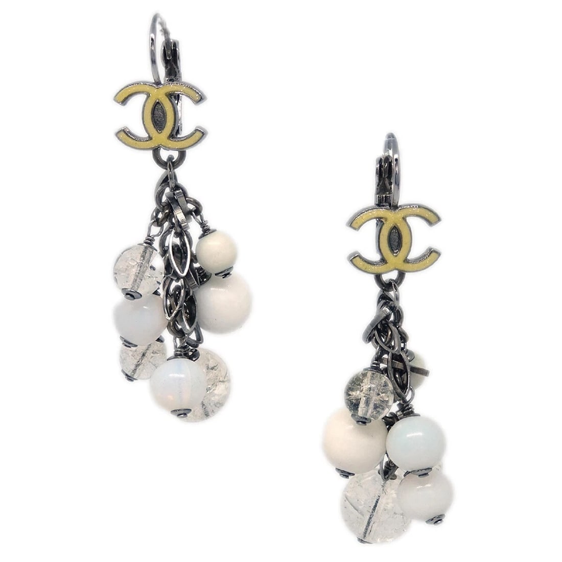 CHANEL ACRYLIC DANGLE PIERCED EARRINGS CLIP-ON: Chanel Acrylic Dangle Pierced Earrings Clip-On Brand: Chanel Type: Earrings Material: Silver Plated Acrylic Color: Silver, White, etc. Size: W 1.9 x H 6.3 cm Accessories: None Accessories