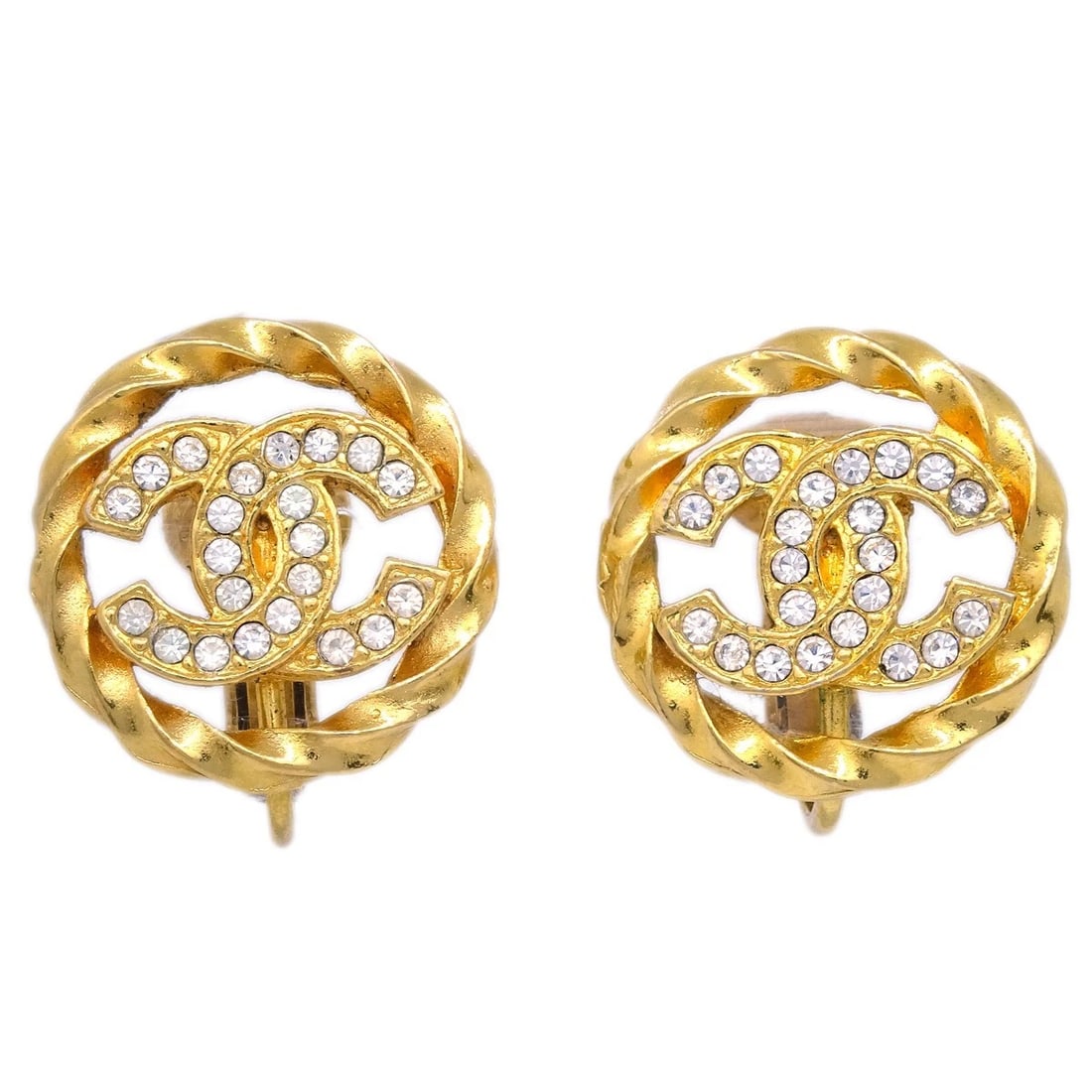 CHANEL GOLD BUTTON EARRINGS CLIP-ON RHINESTONE: Chanel Gold Button Earrings Clip-On Rhinestone Brand: CHANEL Type: Earrings Material: Gold plated Rhinestone Color: Gold Size: Diameter: 1.8 cm Accessories: None Accessories Notice: When p