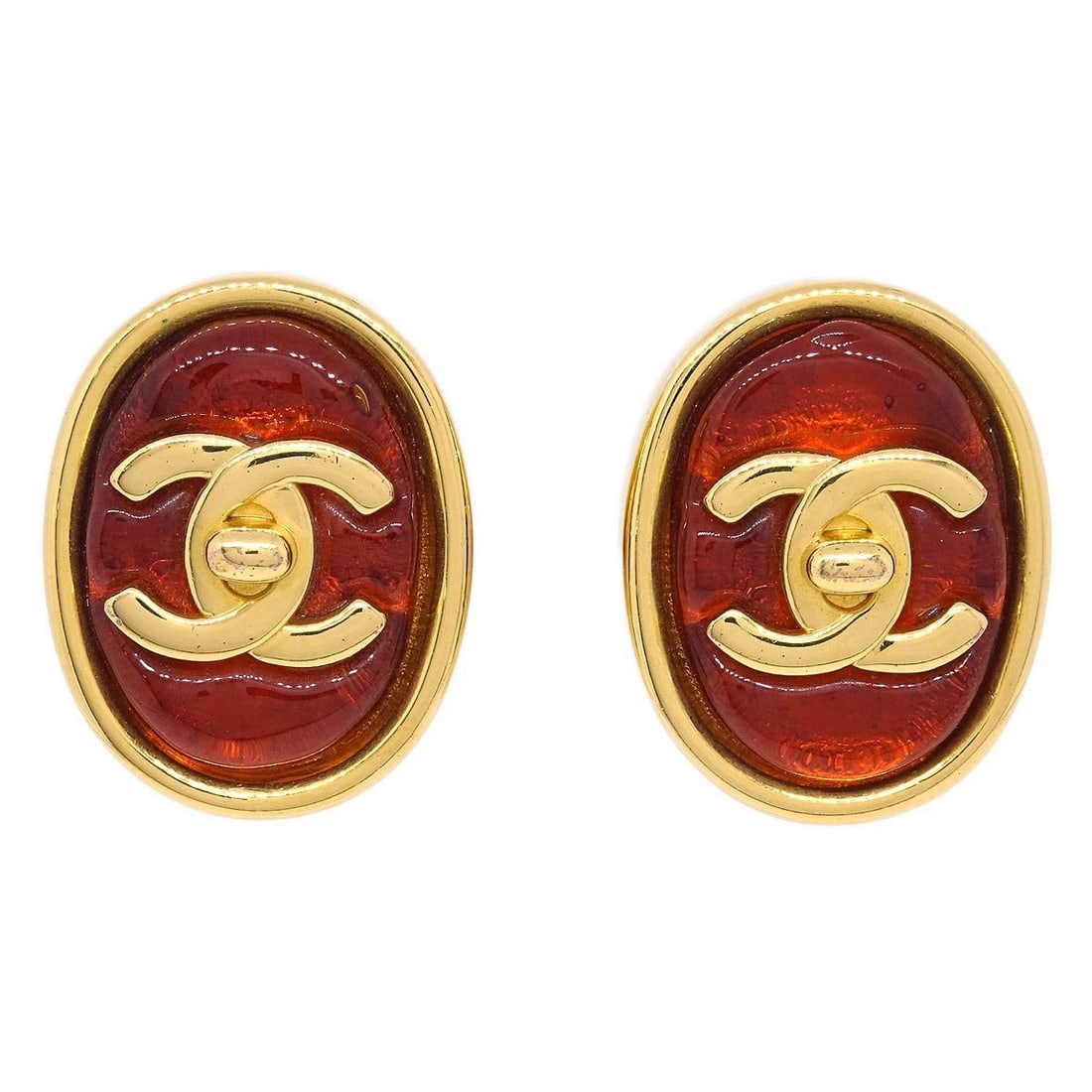 CHANEL OVAL TURNLOCK GRIPOIX EARRINGS CLIP-ON RED: Chanel Oval Turnlock Gripoix Earrings Clip-On Red Brand: CHANEL Type: Earrings Material: Gold plated Gripoix Color: Gold Size: W 2.5 x H 3.0 cm Accessories: None Accessories Notice: When p