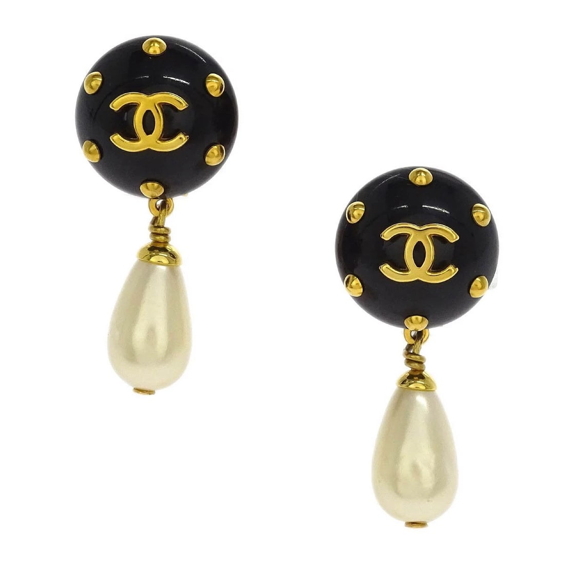 CHANEL ARTIFICIAL PEARL DANGLE EARRINGS CLIP-ON: Chanel Artificial Pearl Dangle Earrings Clip-On Brand: CHANEL Type: Earrings Material: Gold Plated Acrylic Artificial Pearl Main Stone/Creation Artificial Pearl Color: Gold, Black, White Size: