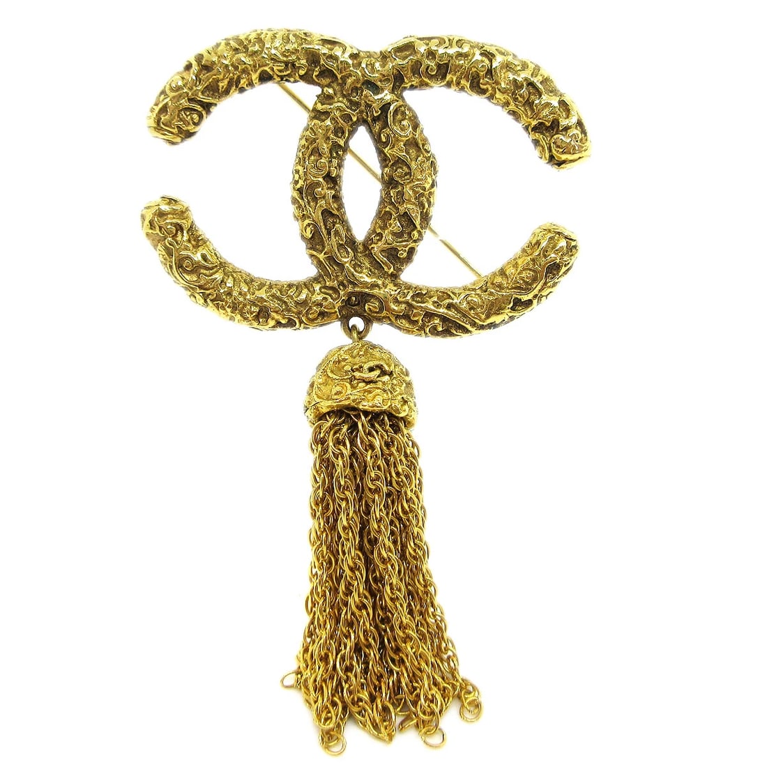 CHANEL FRINGE BROOCH PIN GOLD: Chanel Fringe Brooch Pin Gold Brand: Chanel Type: Pin Material: Gold-tone Color: Gold Size: W 5.3 x H 9.0 cm Accessories: None Accessories Notice: When purchasing pre-owned goods, please