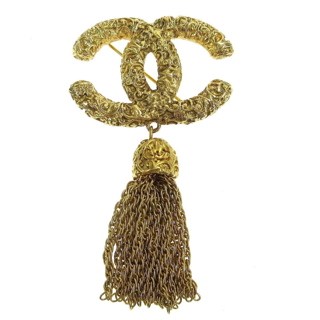 CHANEL FRINGE BROOCH PIN GOLD: Chanel Fringe Brooch Pin Gold Brand: CHANEL Type: Pin Material: Gold-plated Color: Gold Size: W 4.3 x H 7.5 cm Accessories: None Accessories Notice: When purchasing pre-owned goods, please