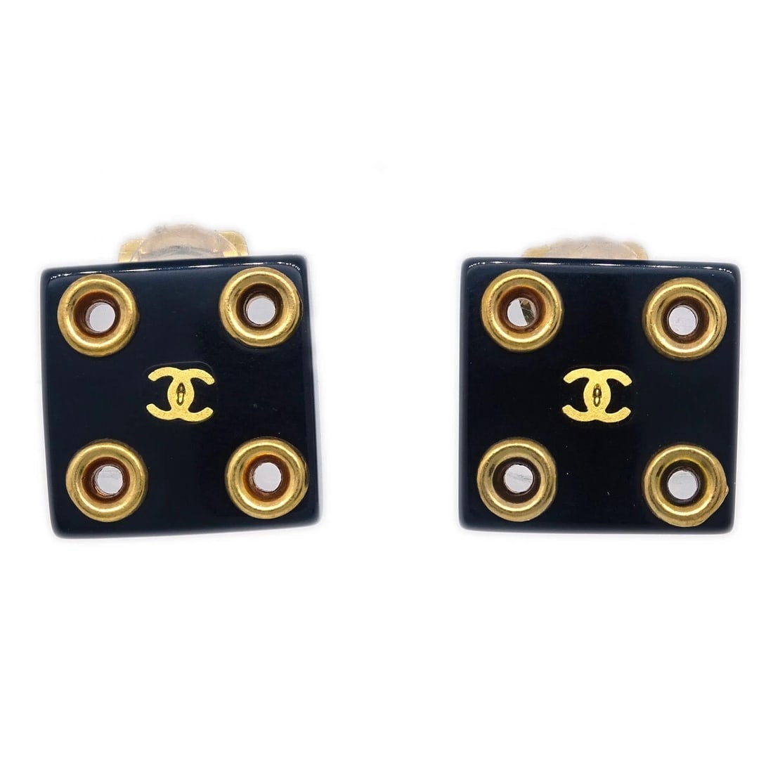 CHANEL SQUARE EARRINGS CLIP-ON BLACK: Chanel Square Earrings Clip-On Black Brand: Chanel Type: Earrings Material: Gold-plated Acrylic Color: Black, Gold Size: W 1.5 x H 1.5 cm Accessories: None Accessories Notice: When purchasing