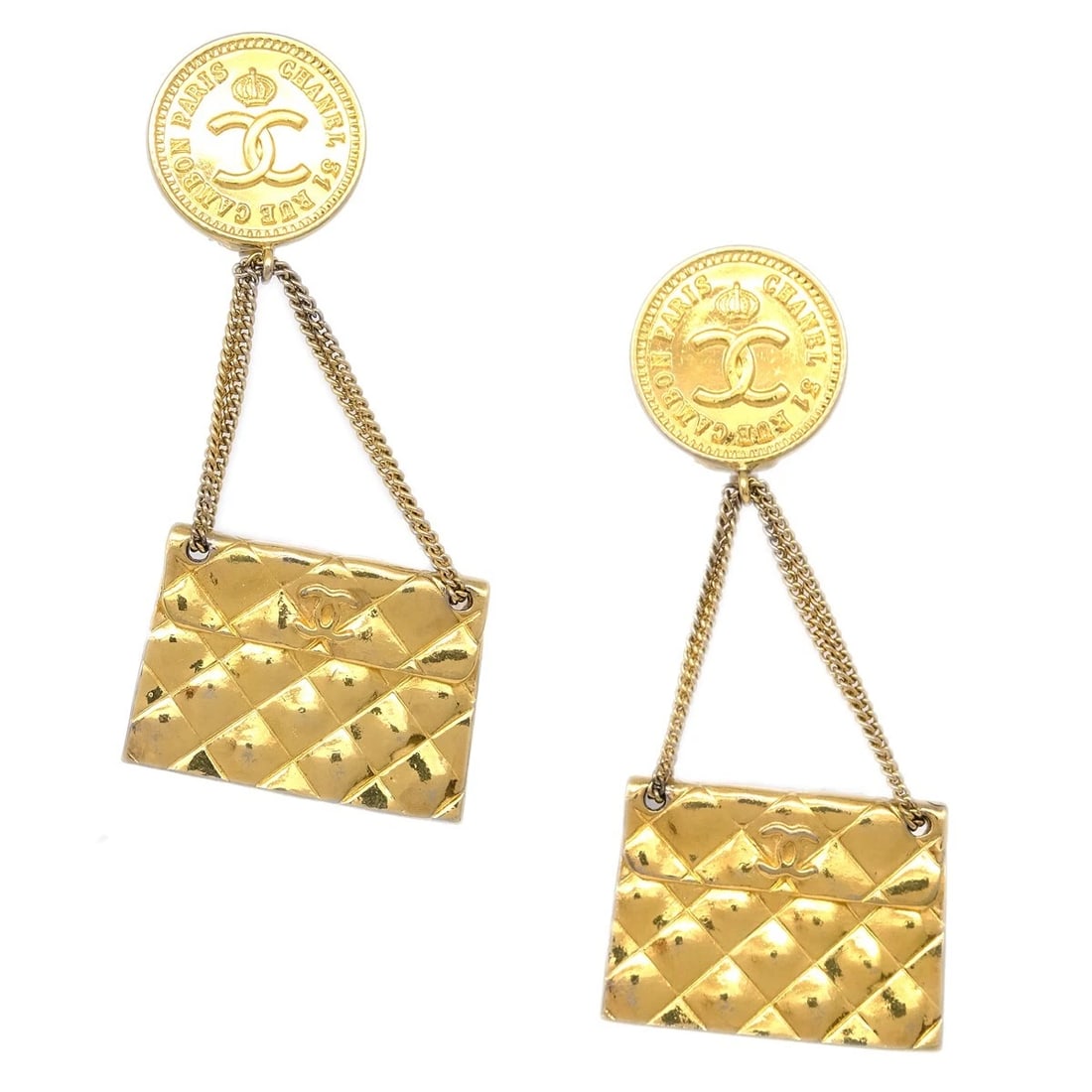 CHANEL GOLD BAG DANGLE EARRINGS CLIP-ON: Chanel Gold Bag Dangle Earrings Clip-On Brand: CHANEL Type: Earrings Material: Gold plated Color: Gold Size: W 3.4 x H 8.0 cm Accessories: None Accessories Notice: When purchasing pre-owned