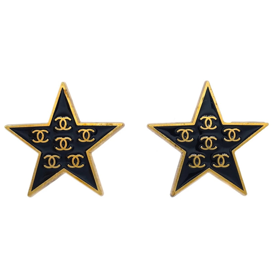CHANEL STAR EARRINGS CLIP-ON BLACK: Chanel Star Earrings Clip-On Black Brand: CHANEL Type: Earrings Material: Gold-plated Color: Gold, Black Size: W 3.4 x H 3.4 cm Accessories: None Accessories Notice: When purchasing pre-owned