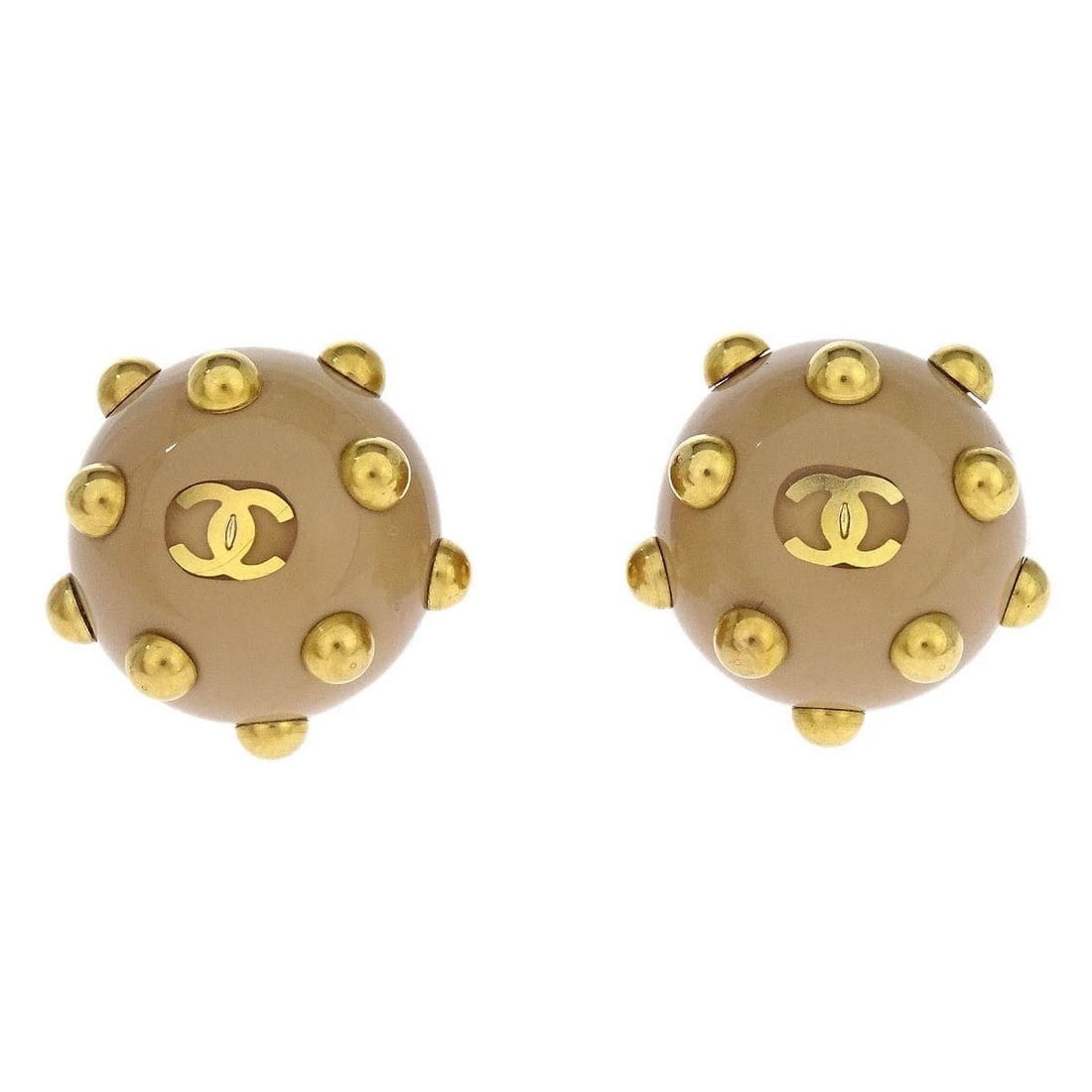 CHANEL STUDDED BUTTON EARRINGS CLIP-ON GOLD: Chanel Studded Button Earrings Clip-On Gold Brand: CHANEL Type: Earrings Material: Gold Plated Acrylic Color: Gold, Beige Size: Diameter : 1.5 cm Accessories: None Accessories Notice: When