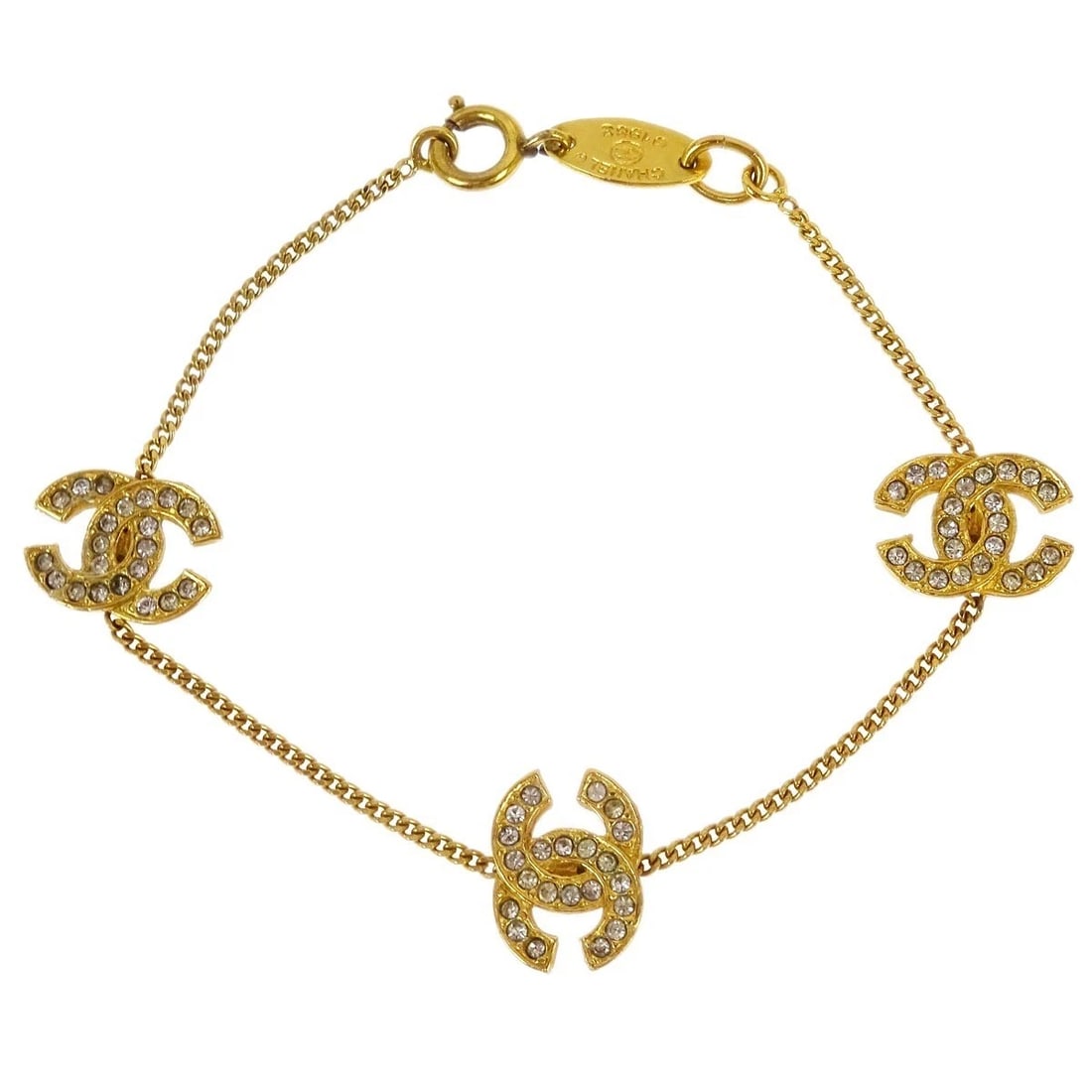 CHANEL CC CHAIN BRACELET GOLD RHINESTONE: Chanel CC Chain Bracelet Gold Rhinestone Brand: CHANEL Type: Bracelet Material: Gold Plated Rhinestone Color: Gold Size: Inner circumference : 17.0 cm Accessories: None Accessories Notice: