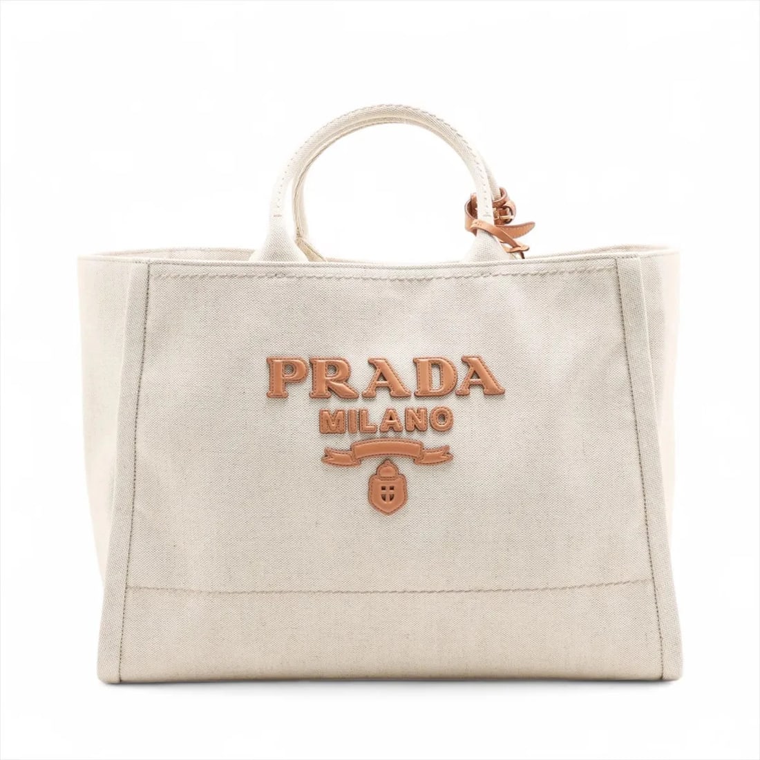 PRADA CANAPA CANVAS X LEATHER CHAIN TOTE BAG: Prada Canapa canvas x leather Chain Tote Bag Brand: Prada Type: Tote bag Material: canvas Color: Beige Size: Height:13.0inch Length:17.5inch Depth:7.7inch Handle height:5.7inch Accessories: None