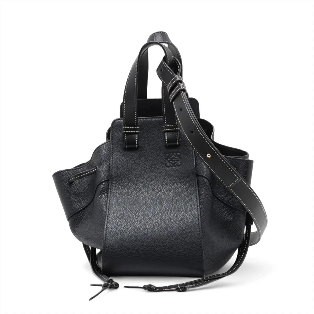 LOEWE HAMMOCK DRAWSTRING SMALL LEATHER 2 WAY HANDBAG: Loewe Hammock Drawstring small Leather 2 Way Handbag Brand: Loewe Type: Hand bag Material: Leather Color: Navy Blue Size: Height:9.1inch Length:5.5inch Depth:9.4inch Handle height:4.1inch Accesso