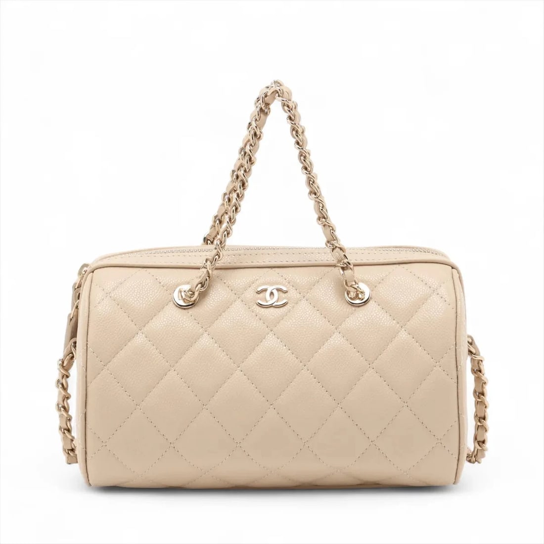CHANEL MATELASSE CAVIAR SKIN 2 WAY HANDBAG: Chanel Matelasse Caviar Skin 2 Way Handbag Brand: Chanel Type: Hand bag Material: Caviar Skin Color: Beige Size: Height:4.5inch Length:7.3inch Depth:4.3inch Handle height:2.8inch Accessories: Non